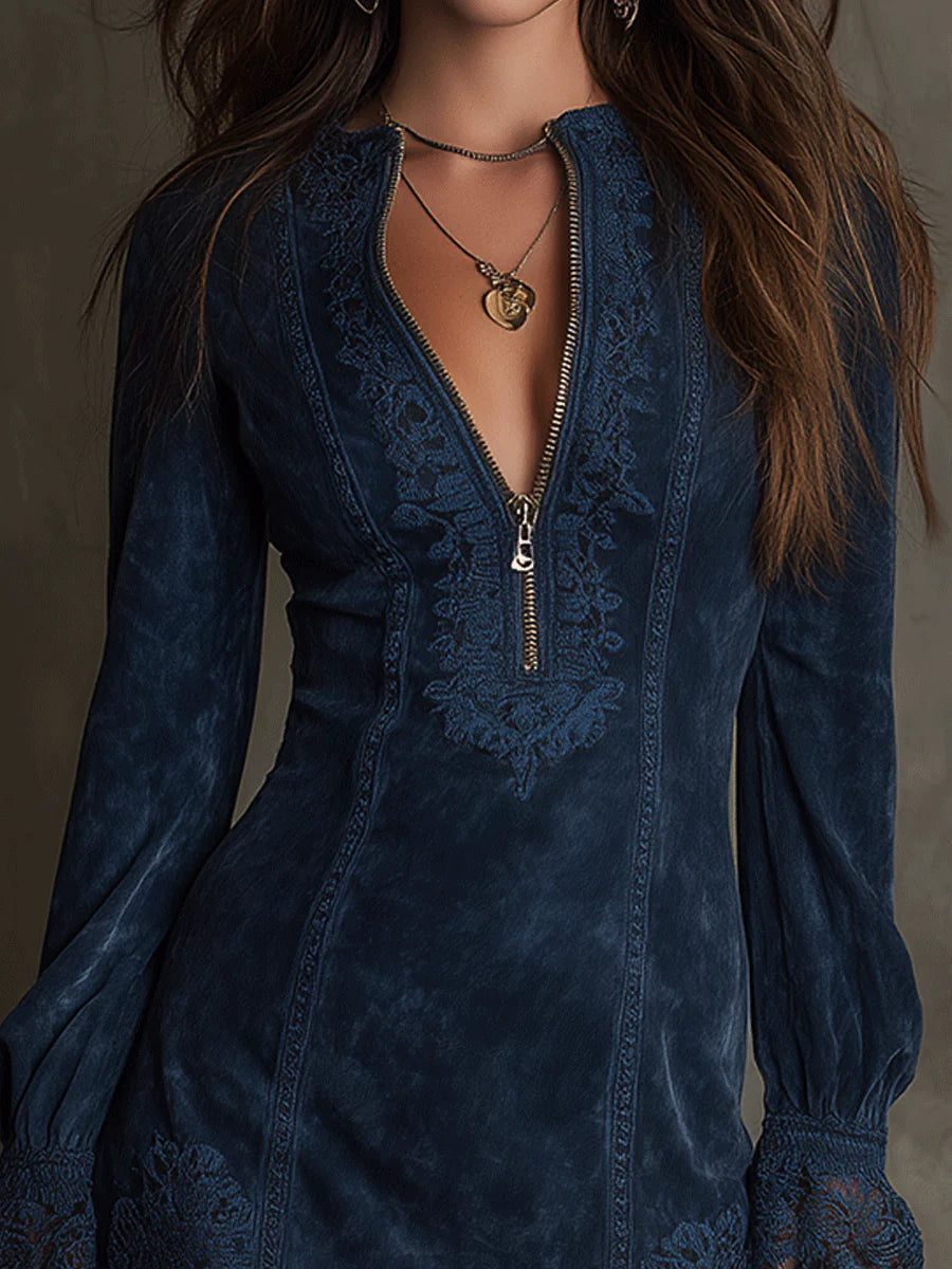 Azulena ❘ Túnica azul con bordado y cremallera