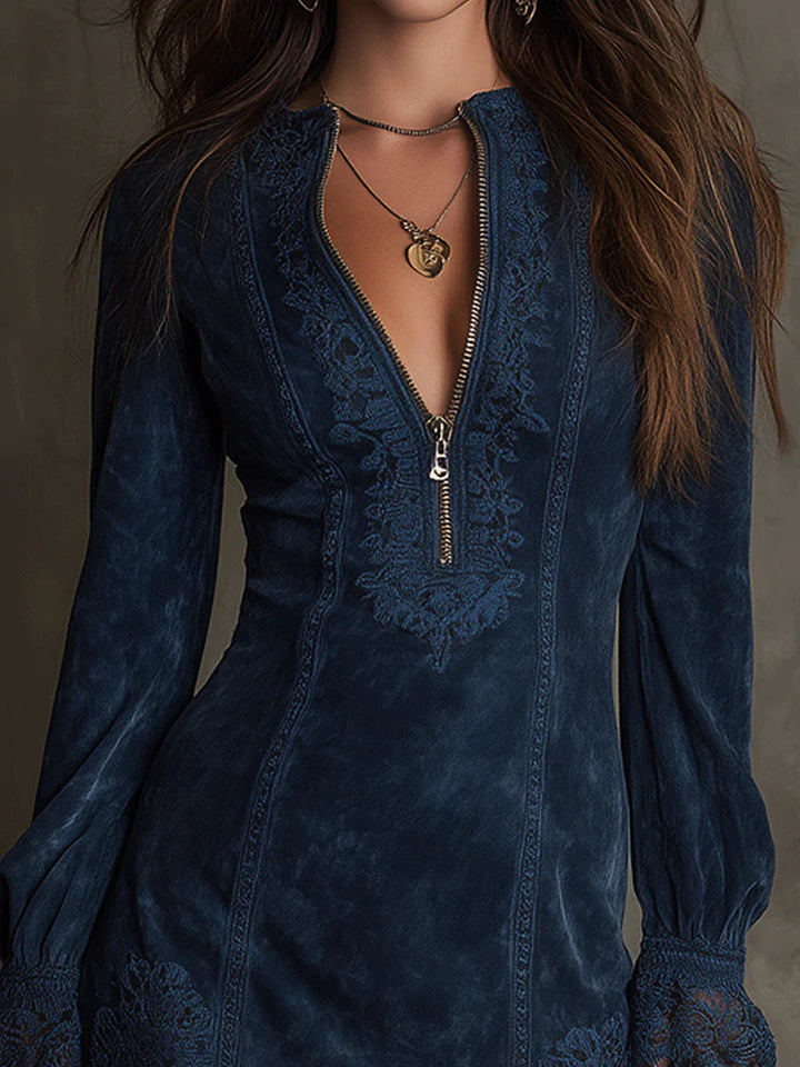 Azulena ❘ Túnica azul con bordado y cremallera