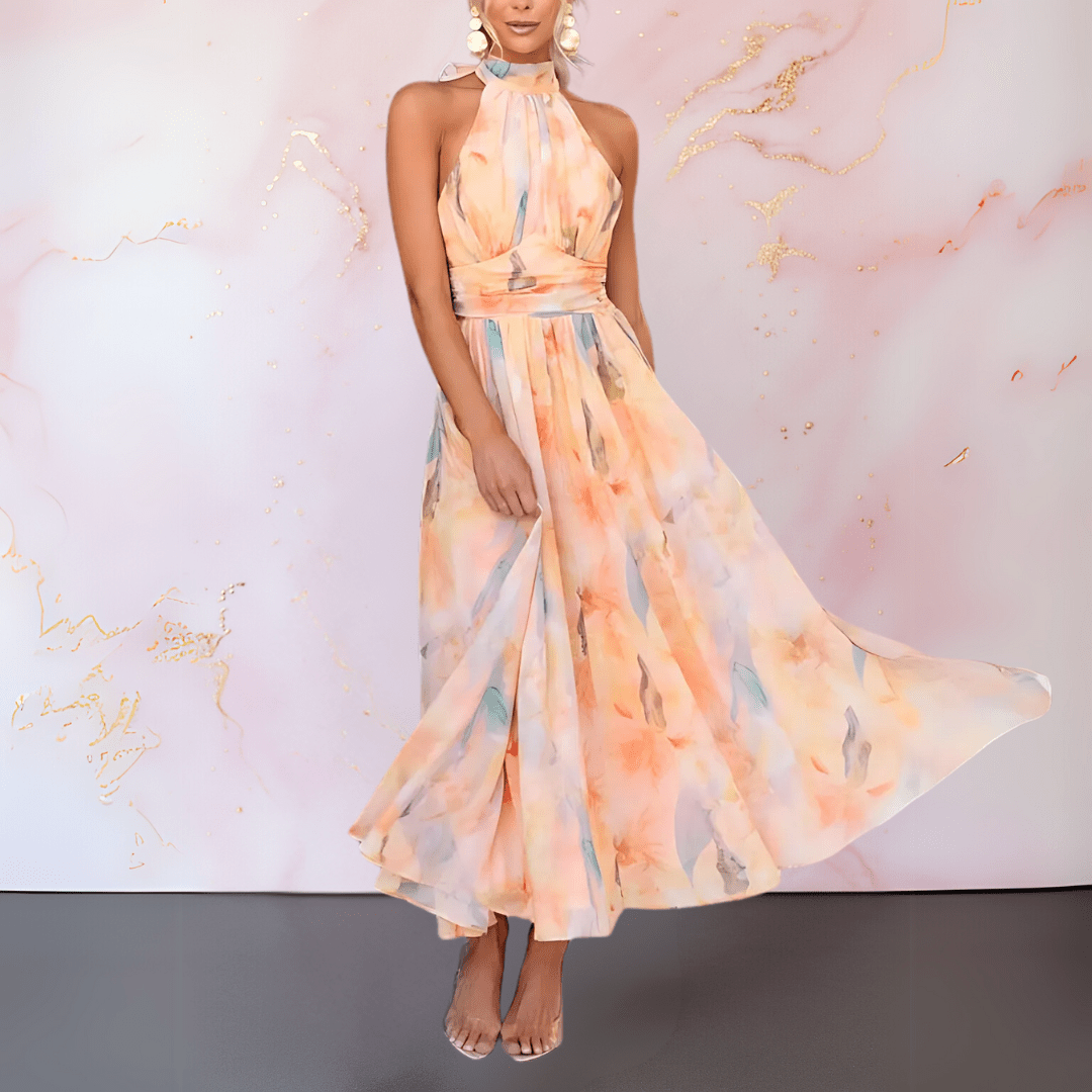 ESTHER | Vestido con estampado de acuarela y cuello halter
